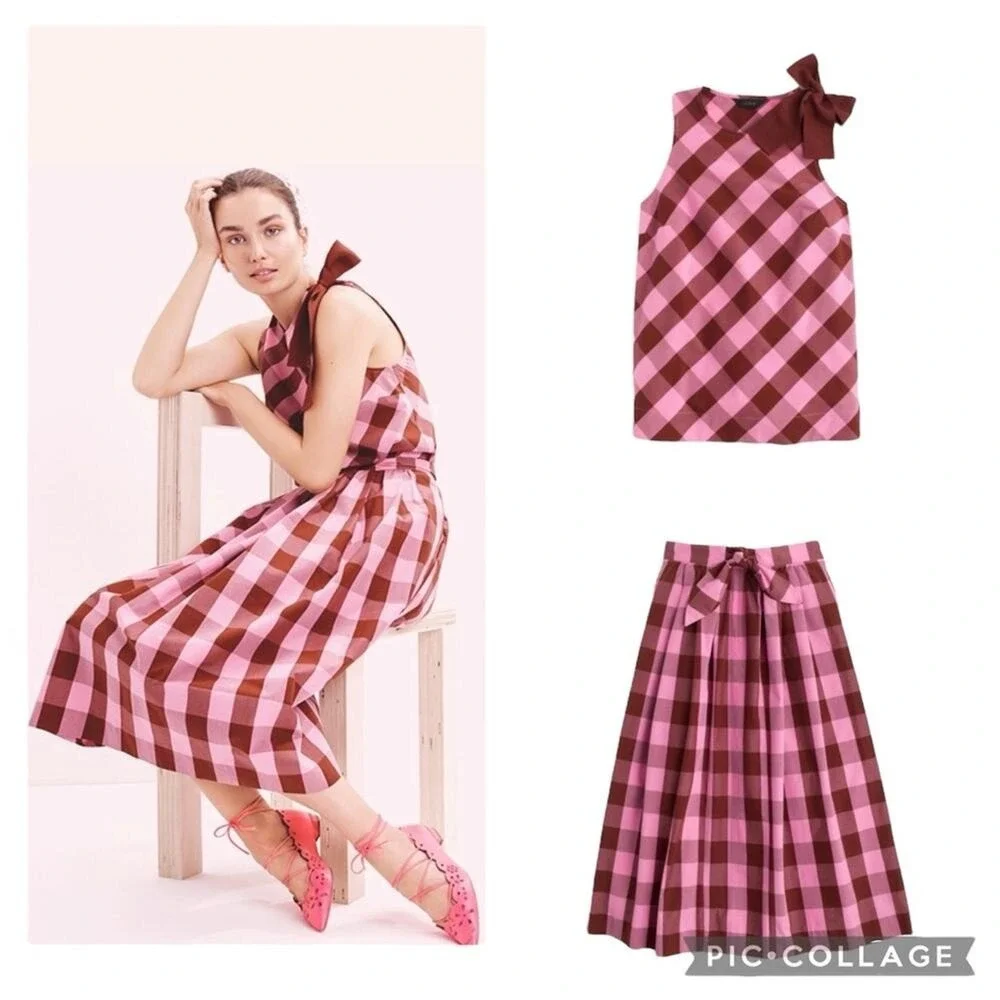 J.Crew Pink Gingham Plaid Bow Skirt Top Matching Set 4
